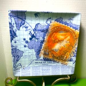 M STUDIOS POST WAR NEW WORLD MAP Square Platter 8 1/2" x 8 1/2" Set Of 2